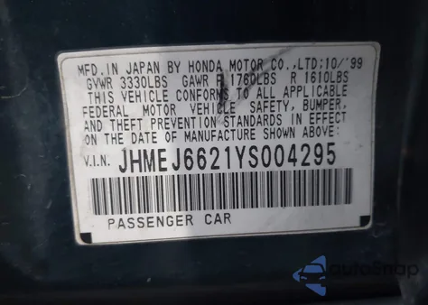 2000 Honda Civic Dx from USA, damaged, VIN JHMEJ6621YS004295